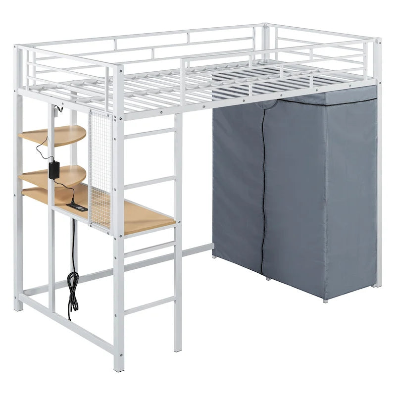 Twin Size Loft Metal Bed with Desk,Shelves,Power Outlet,LED Light and Wardrobe