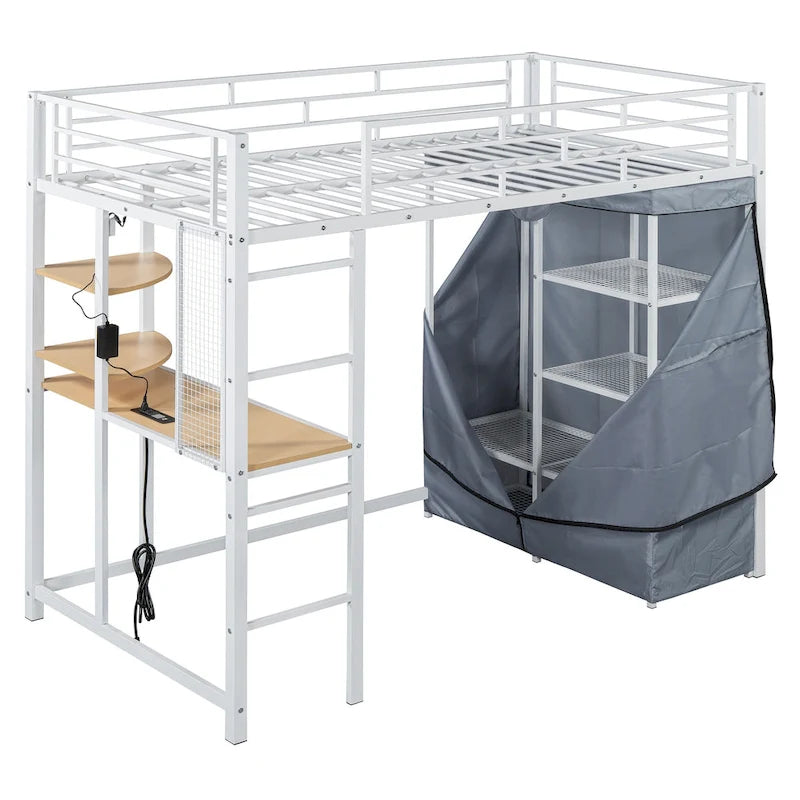 Twin Size Loft Metal Bed with Desk,Shelves,Power Outlet,LED Light and Wardrobe