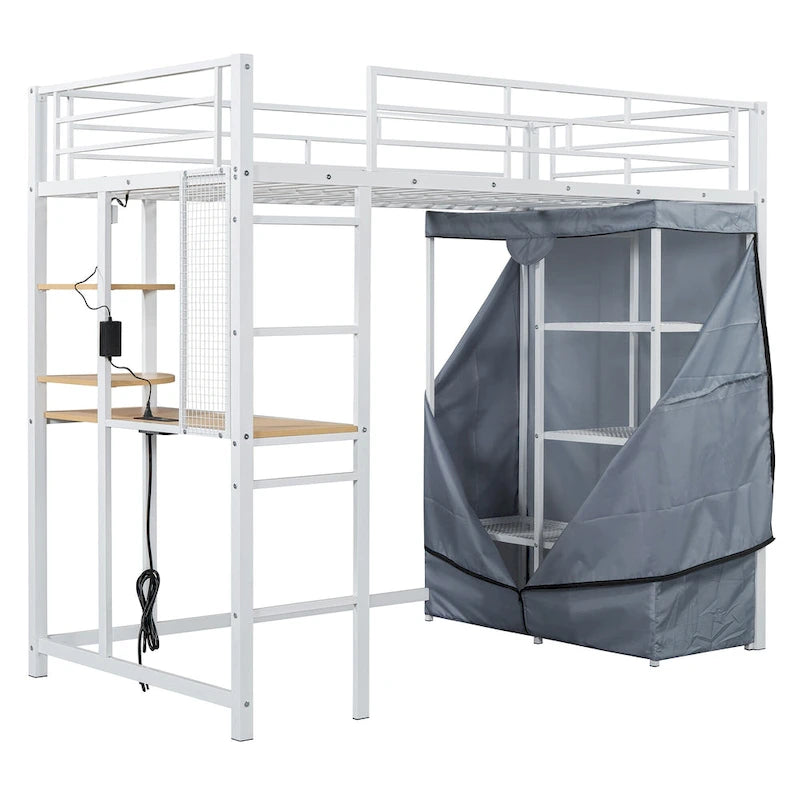 Twin Size Loft Metal Bed with Desk,Shelves,Power Outlet,LED Light and Wardrobe