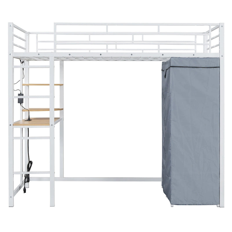 Twin Size Loft Metal Bed with Desk,Shelves,Power Outlet,LED Light and Wardrobe