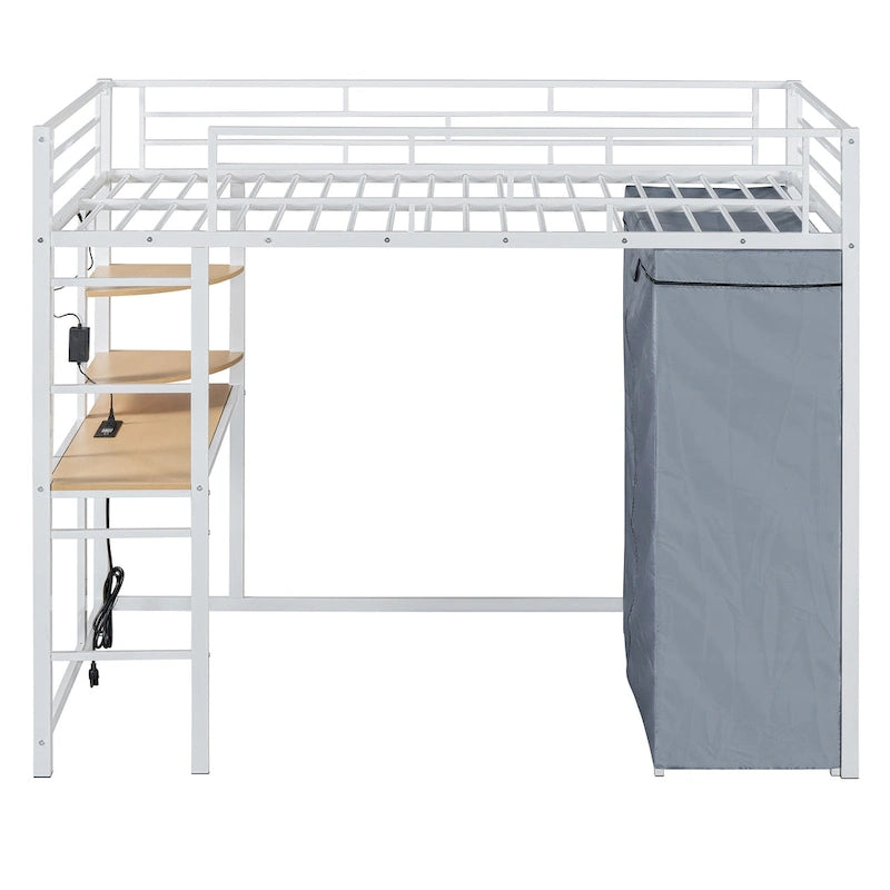 Twin Size Loft Metal Bed with Desk,Shelves,Power Outlet,LED Light and Wardrobe