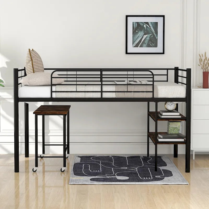 Twin Size Metal Loft Bed with Desk and Shelves