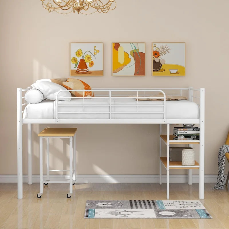 Twin Size Metal Loft Bed with Desk and Shelves