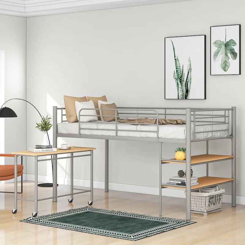 Twin Size Metal Loft Bed with Desk and Shelves