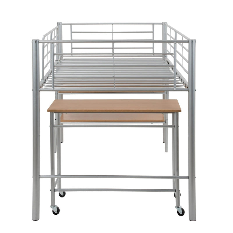 Twin Size Metal Loft Bed with Desk and Shelves
