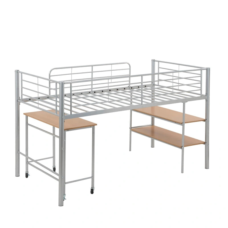 Twin Size Metal Loft Bed with Desk and Shelves