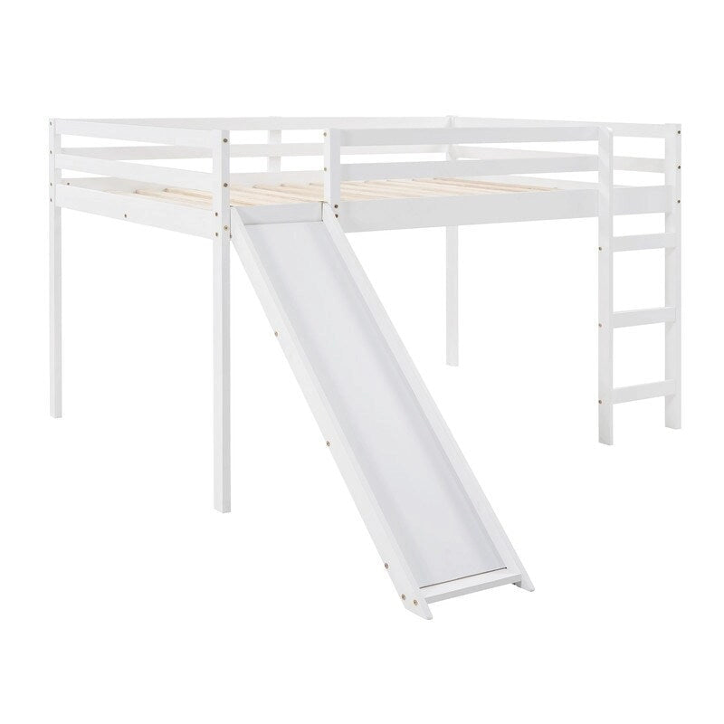 Kids Loft Bed with Slide, Full Size, Wood Low Loftbed Frame with Ladder and Underneath Spacious Space, for Boys Girls