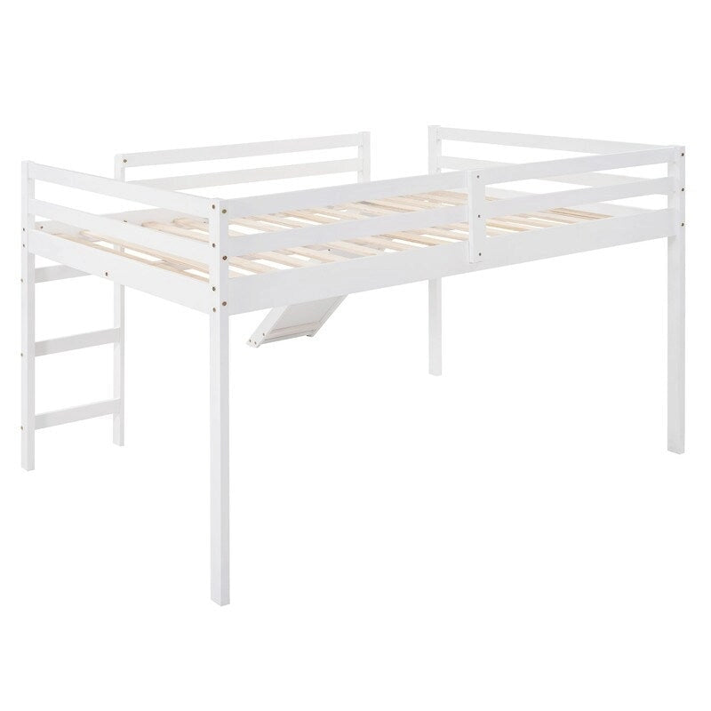 Kids Loft Bed with Slide, Full Size, Wood Low Loftbed Frame with Ladder and Underneath Spacious Space, for Boys Girls