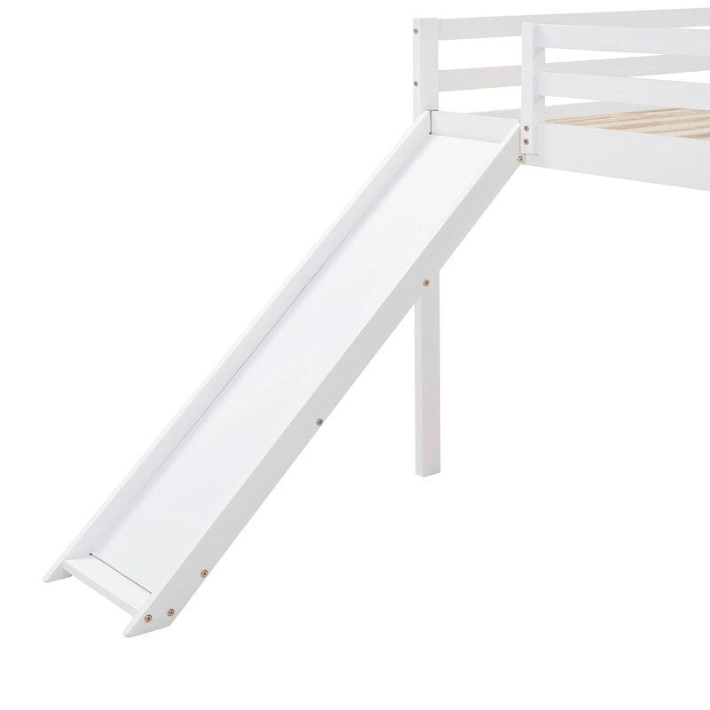 Kids Loft Bed with Slide, Full Size, Wood Low Loftbed Frame with Ladder and Underneath Spacious Space, for Boys Girls