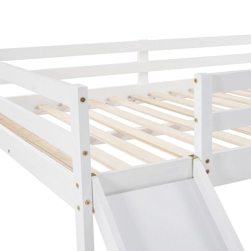 Kids Loft Bed with Slide, Full Size, Wood Low Loftbed Frame with Ladder and Underneath Spacious Space, for Boys Girls