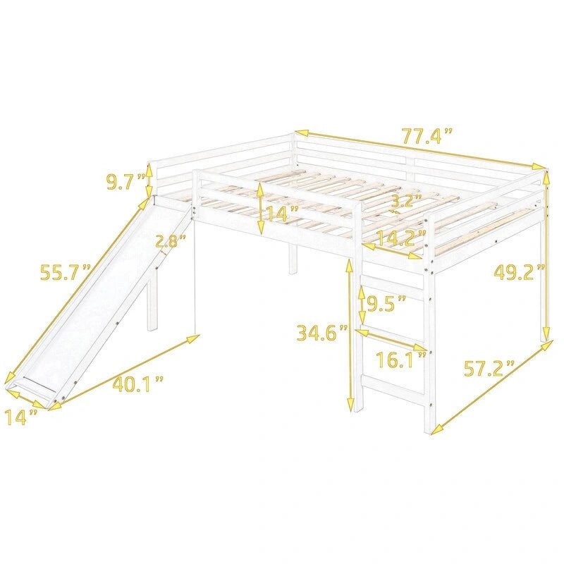 Kids Loft Bed with Slide, Full Size, Wood Low Loftbed Frame with Ladder and Underneath Spacious Space, for Boys Girls