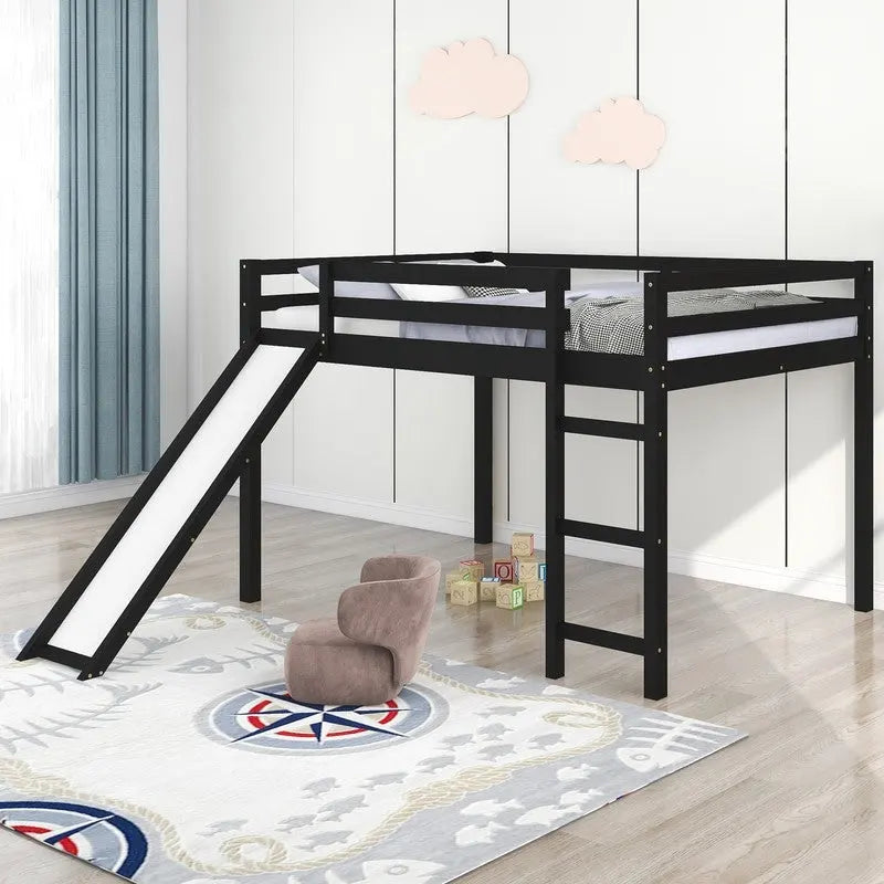 Kids Loft Bed with Slide, Full Size, Wood Low Loftbed Frame with Ladder and Underneath Spacious Space, for Boys Girls