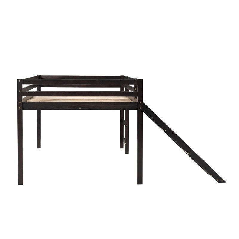 Kids Loft Bed with Slide, Full Size, Wood Low Loftbed Frame with Ladder and Underneath Spacious Space, for Boys Girls