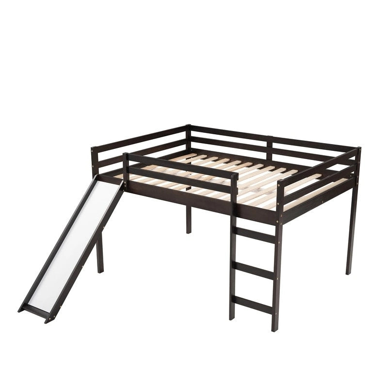 Kids Loft Bed with Slide, Full Size, Wood Low Loftbed Frame with Ladder and Underneath Spacious Space, for Boys Girls