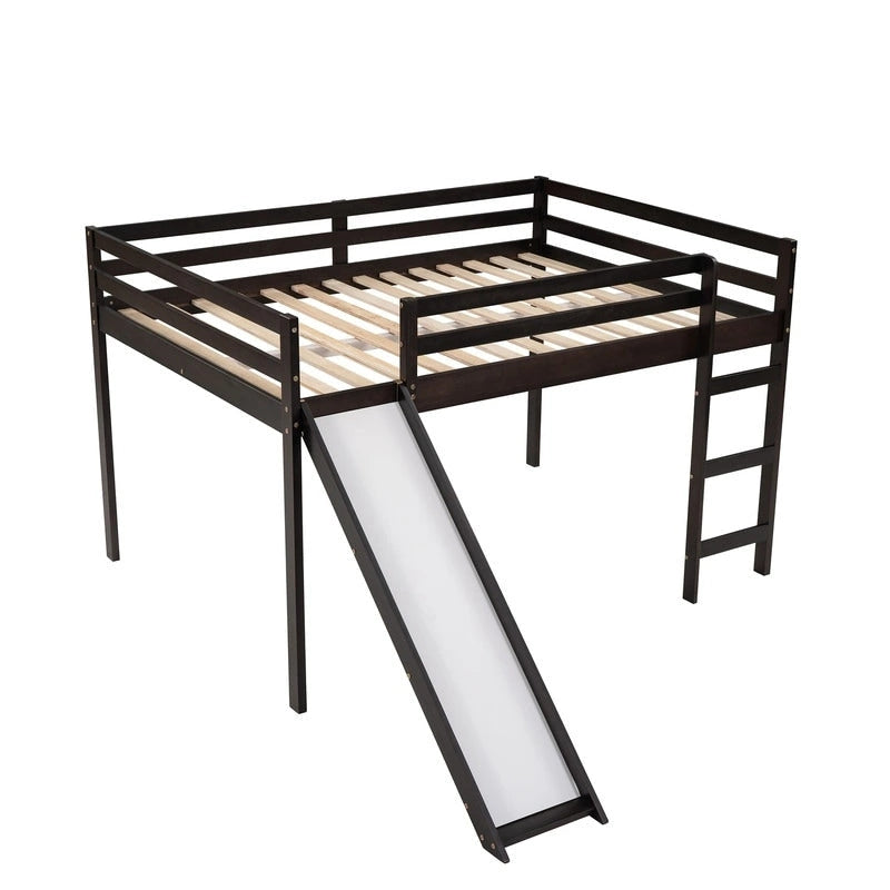 Kids Loft Bed with Slide, Full Size, Wood Low Loftbed Frame with Ladder and Underneath Spacious Space, for Boys Girls