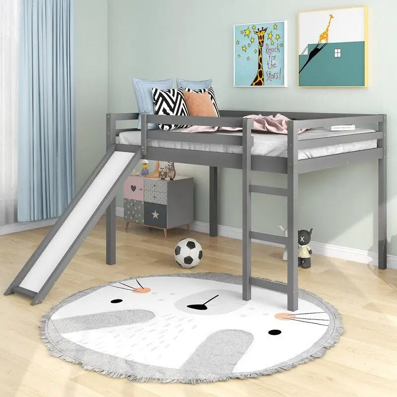 Kids Loft Bed with Slide, Full Size, Wood Low Loftbed Frame with Ladder and Underneath Spacious Space, for Boys Girls