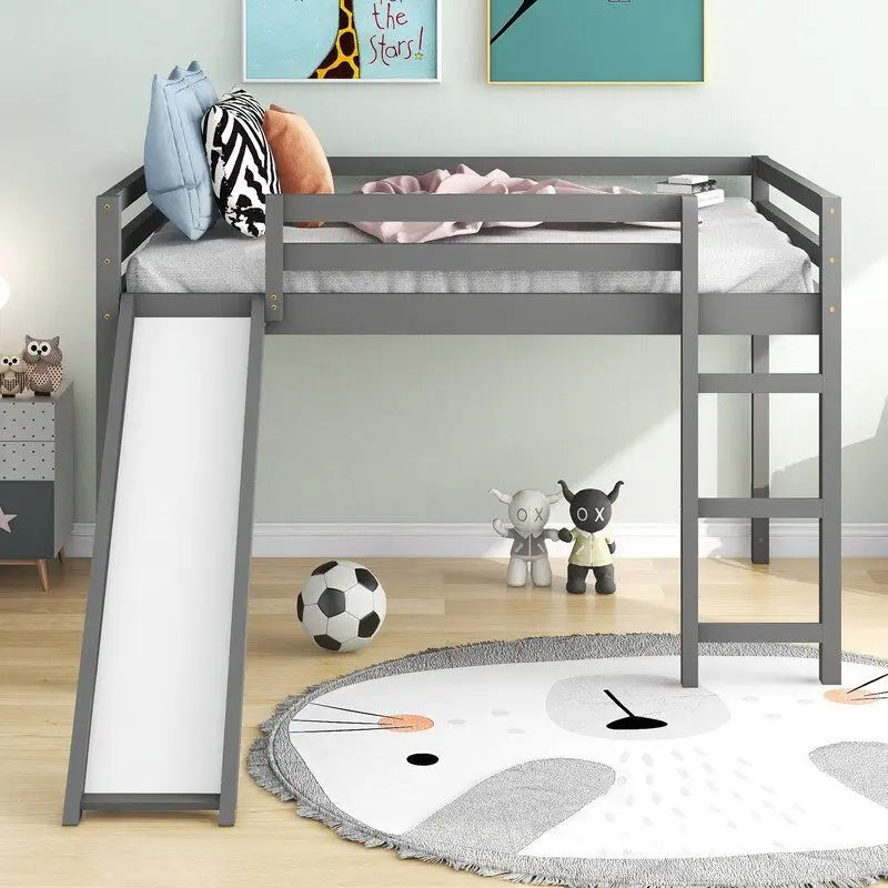 Kids Loft Bed with Slide, Full Size, Wood Low Loftbed Frame with Ladder and Underneath Spacious Space, for Boys Girls