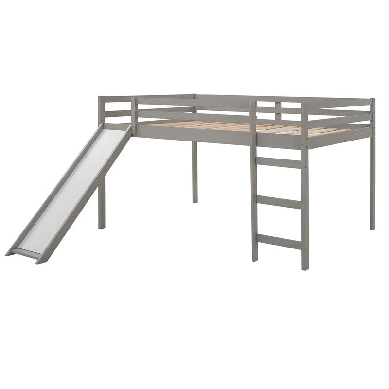Kids Loft Bed with Slide, Full Size, Wood Low Loftbed Frame with Ladder and Underneath Spacious Space, for Boys Girls