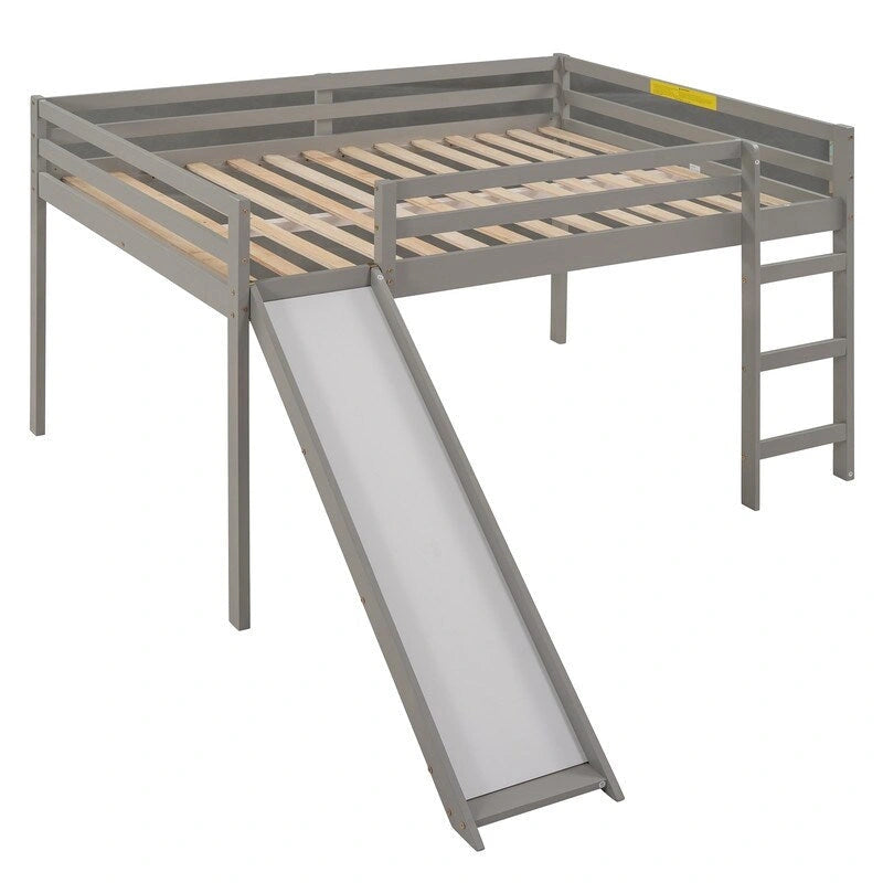 Kids Loft Bed with Slide, Full Size, Wood Low Loftbed Frame with Ladder and Underneath Spacious Space, for Boys Girls