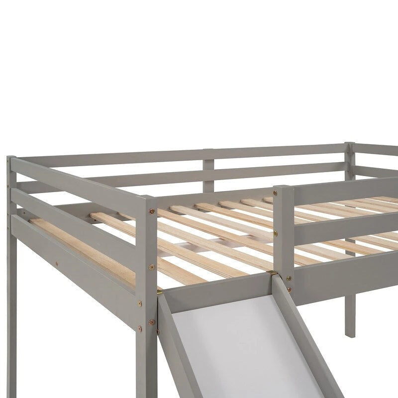 Kids Loft Bed with Slide, Full Size, Wood Low Loftbed Frame with Ladder and Underneath Spacious Space, for Boys Girls