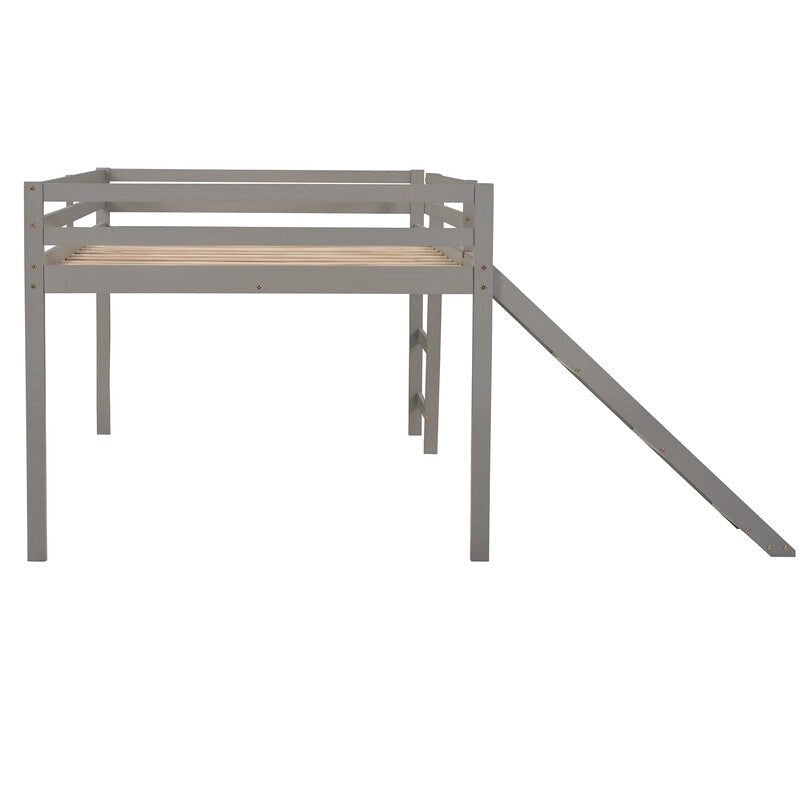 Kids Loft Bed with Slide, Full Size, Wood Low Loftbed Frame with Ladder and Underneath Spacious Space, for Boys Girls