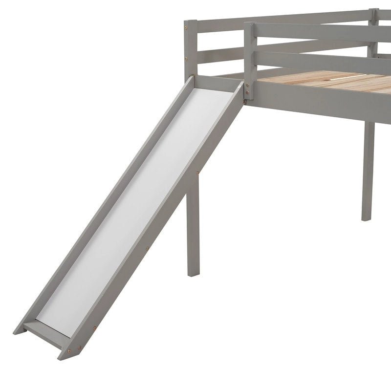 Kids Loft Bed with Slide, Full Size, Wood Low Loftbed Frame with Ladder and Underneath Spacious Space, for Boys Girls