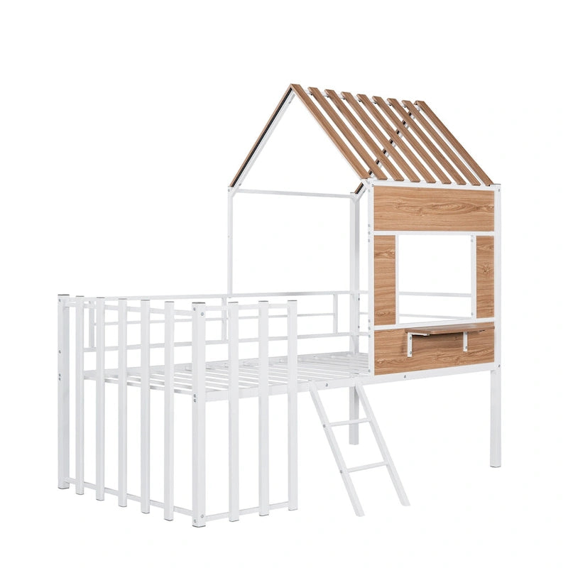 Metal Twin size Loft Bed with Roof, Window, Guardrail, Ladder Black