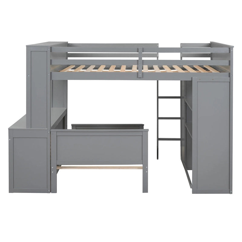 Full size Loft Bed with a twin size Stand-alone bed, Shelves,Desk,and Wardrobe-Espresso