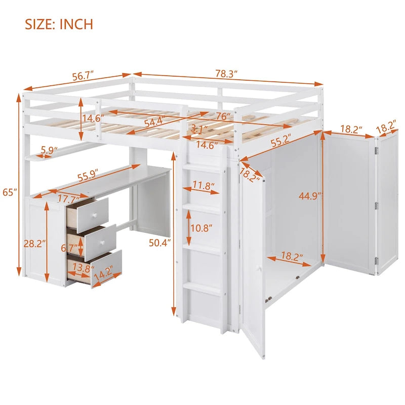 Full size Loft Bed with Drawers,Desk,and Wardrobe-Gray