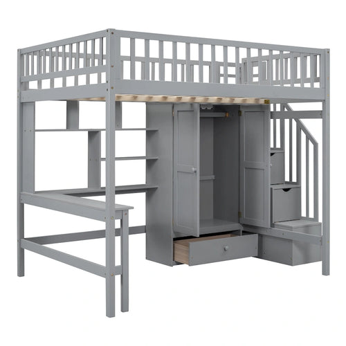 Full size Loft Bed with Bookshelf,Drawers,Desk,and Wardrobe-Espresso