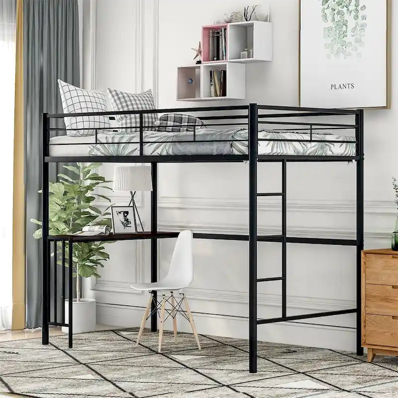 Twin Metal Loft Bed with Desk, Ladder, and Guardrails