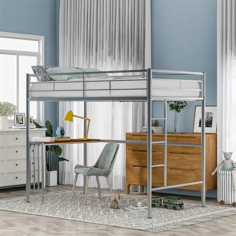 Twin Metal Loft Bed with Desk, Ladder, and Guardrails