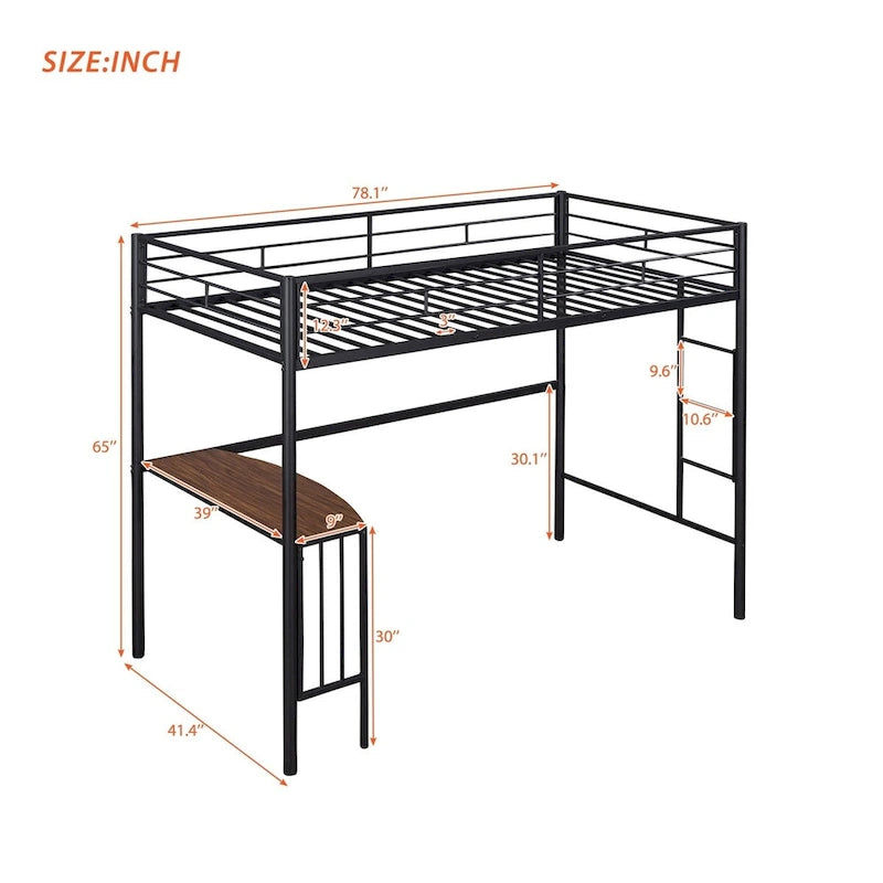 Twin Metal Loft Bed with Desk, Ladder, and Guardrails