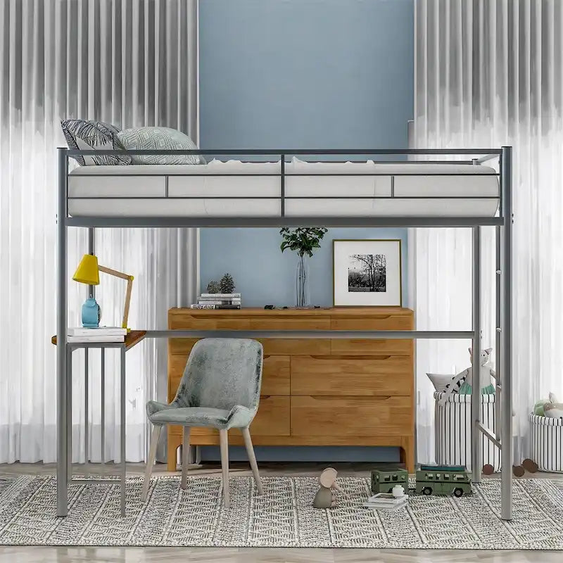 Twin Metal Loft Bed with Desk, Ladder, and Guardrails
