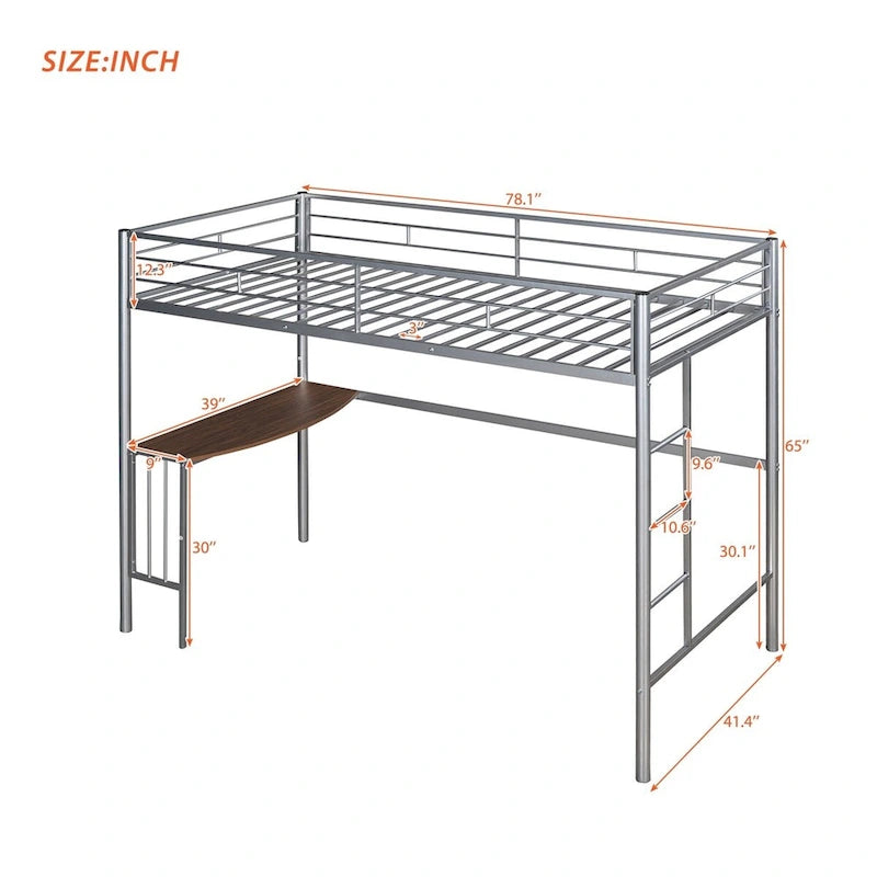 Twin Metal Loft Bed with Desk, Ladder, and Guardrails