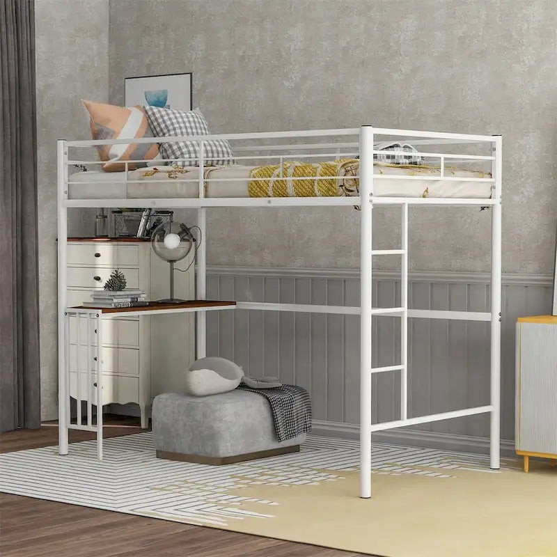 Twin Metal Loft Bed with Desk, Ladder, and Guardrails