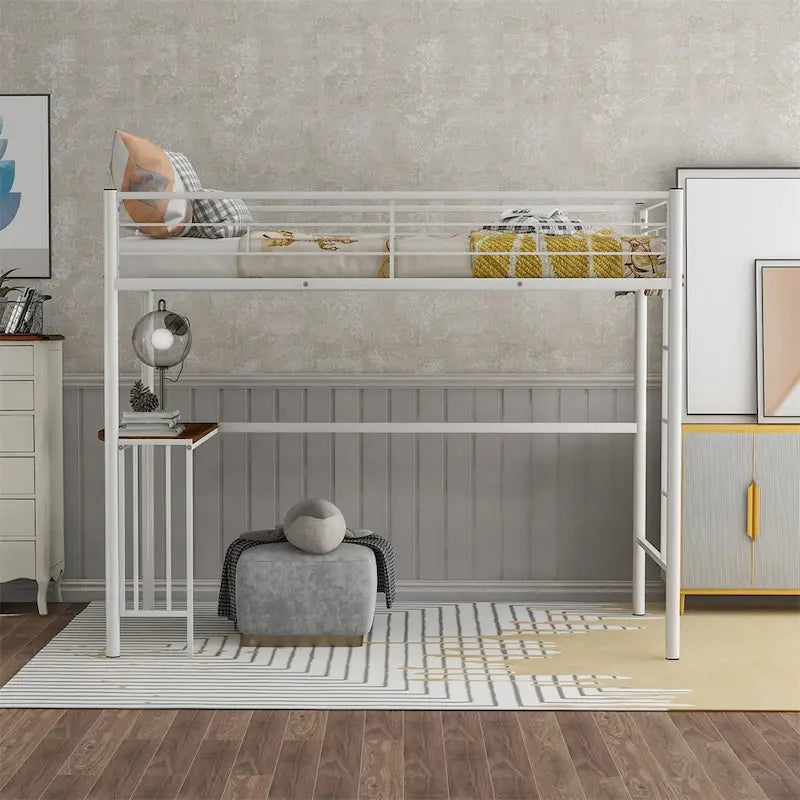 Twin Metal Loft Bed with Desk, Ladder, and Guardrails