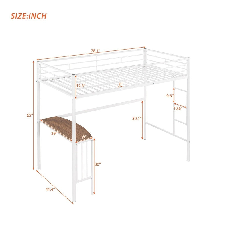 Twin Metal Loft Bed with Desk, Ladder, and Guardrails