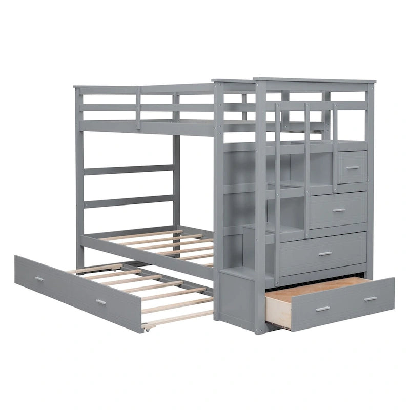 Twin Over Twin Bunk Bed with Trundle and Staircase, Twin Size Storage Bed