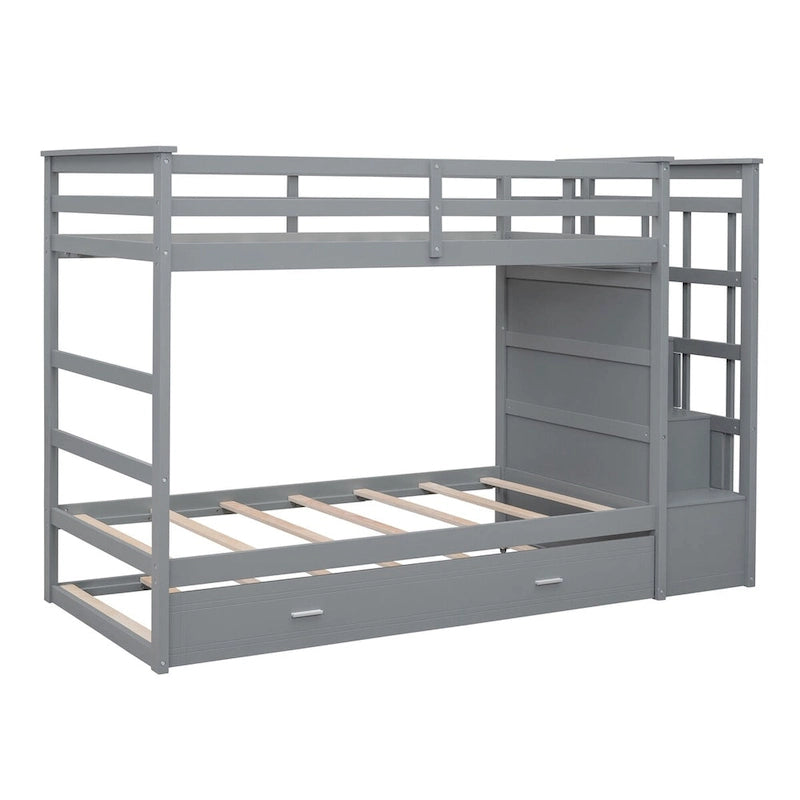 Twin Over Twin Bunk Bed with Trundle and Staircase, Twin Size Storage Bed
