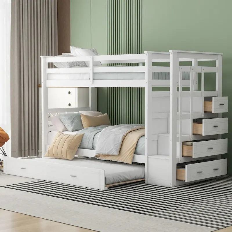 Twin Over Twin Bunk Bed with Trundle and Staircase, Twin Size Storage Bed