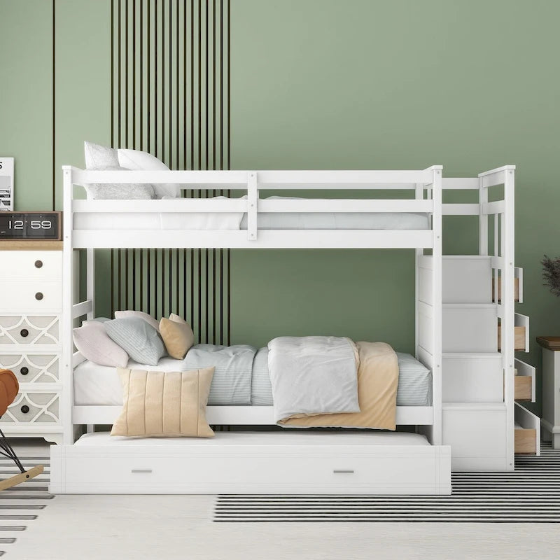 Twin Over Twin Bunk Bed with Trundle and Staircase, Twin Size Storage Bed