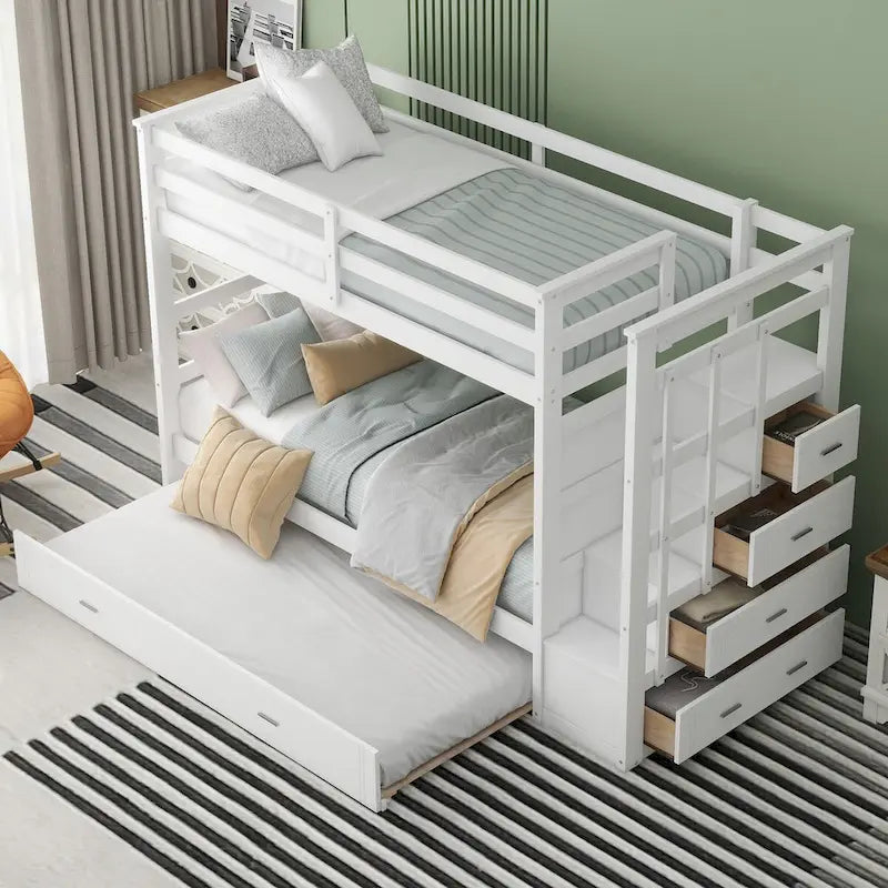 Twin Over Twin Bunk Bed with Trundle and Staircase, Twin Size Storage Bed