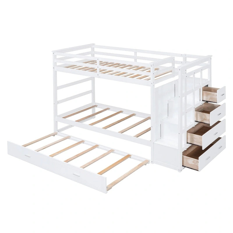 Twin Over Twin Bunk Bed with Trundle and Staircase, Twin Size Storage Bed