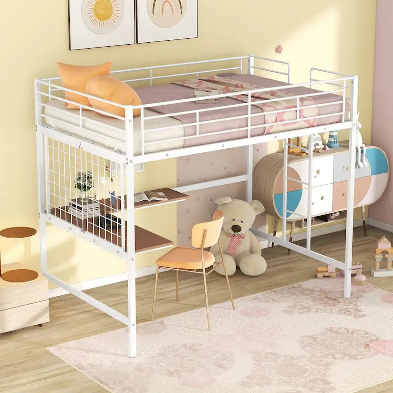Full Metal Loft Bed with Desk and Metal Grid