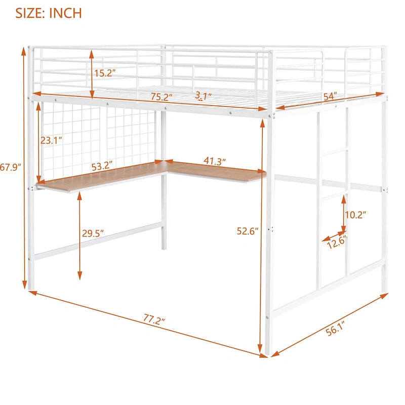 Full Metal Loft Bed with Desk and Metal Grid