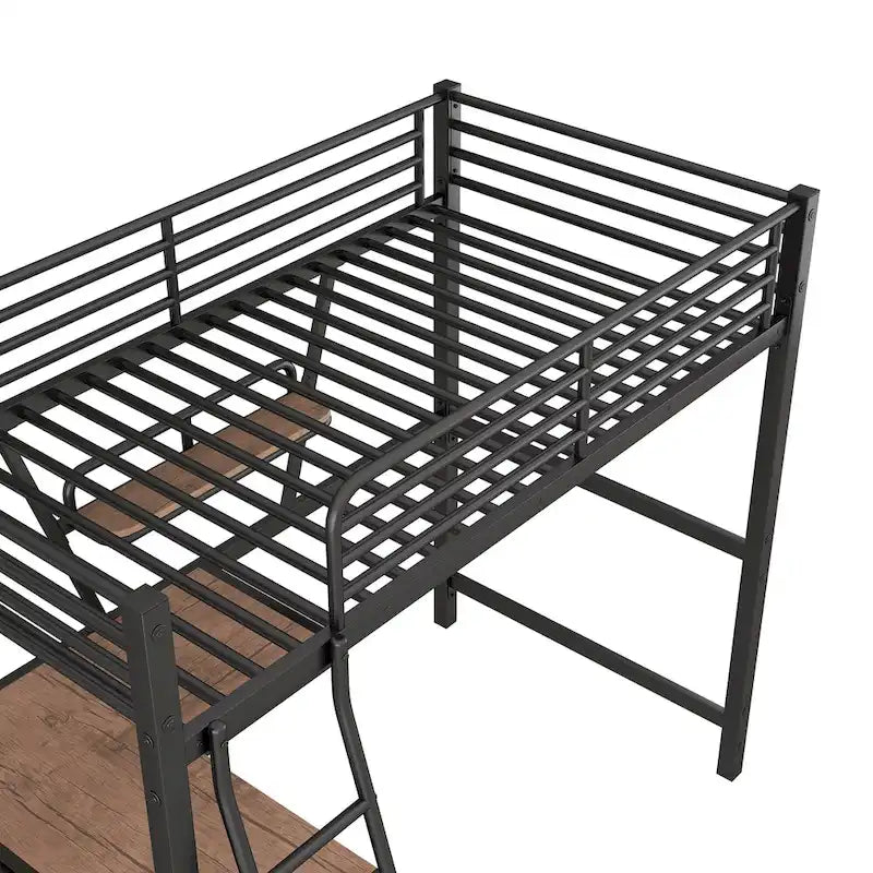 Metal Loft Bed with Integrated Desk, Shelf, and Full-Length Guardrail