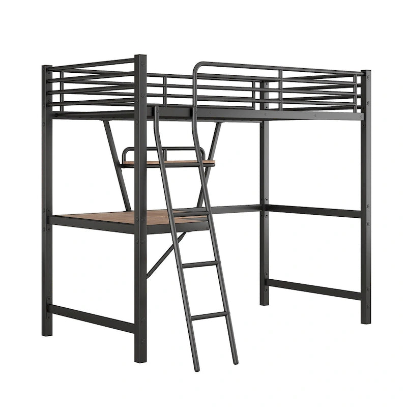 Metal Loft Bed with Integrated Desk, Shelf, and Full-Length Guardrail