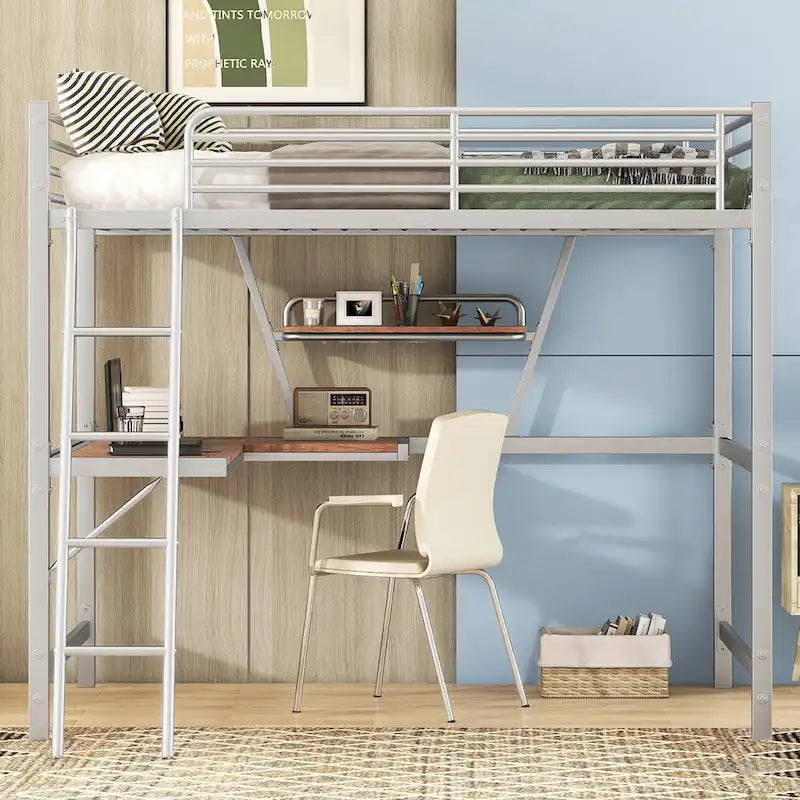 Metal Loft Bed with Integrated Desk, Shelf, and Full-Length Guardrail