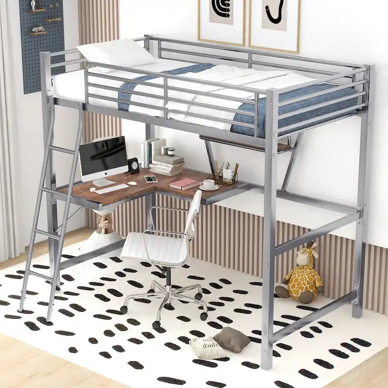 Metal Loft Bed with Integrated Desk, Shelf, and Full-Length Guardrail